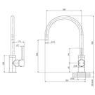 Phoenix Vivid Slimline Side Lever Sink Mixer 220mm Gooseneck-Matte Black - specs- line drawing and dimensions