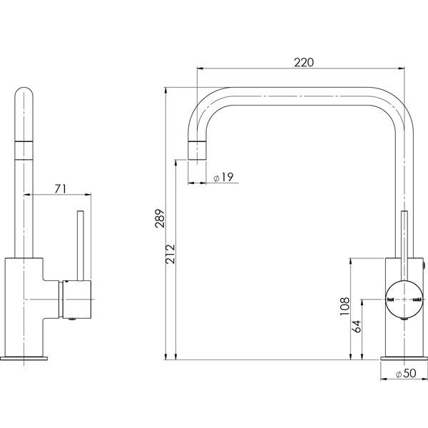 Phoenix Vivid Slimline Side Lever Sink Mixer 220mm Squareline-Matte Black - specs- line drawing and dimensions
