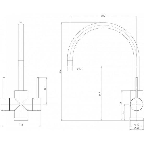 Phoenix Vivid Slimline Twin Handle Sink Mixer 220mm G/N specs- line drawing and dimensions