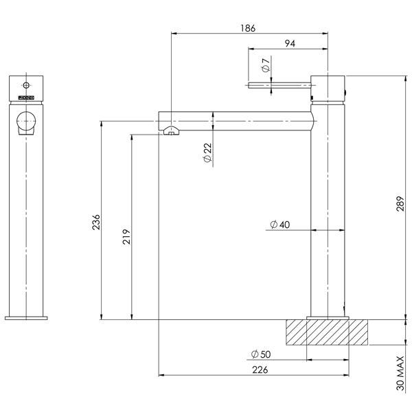 Phoenix Vivid Slimline Vessel Mixer-Gun Metal specs- line drawing and dimensions