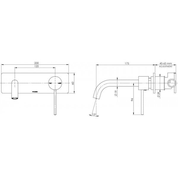 Phoenix Vivid Slimline Wall Basin/Bath Set-Chrome specs- line drawing and dimensions