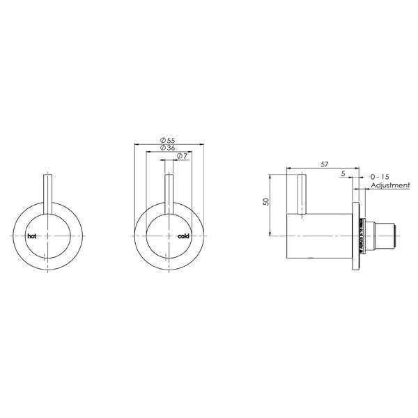 Phoenix Vivid Slimline Wall Top Assemblies - Brushed Gold specs- line drawing and dimensions