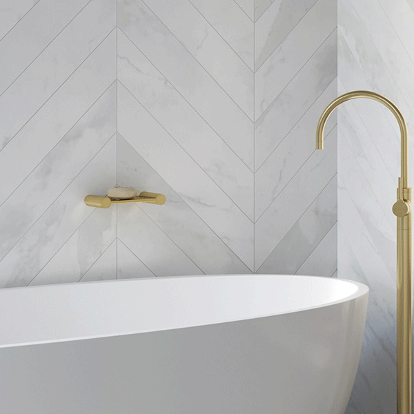 Phoenix Vivid Slimline Soap Dish Brushed Gold - Brushed brass soap holder in white marble bathroom