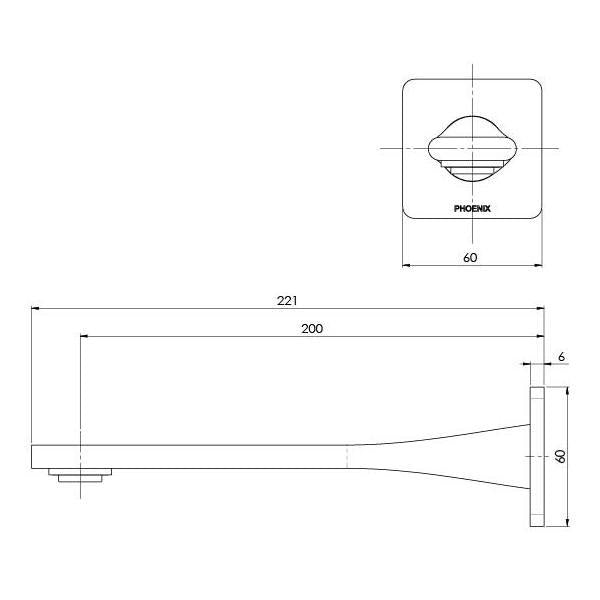 Phoenix Teel Wall Bath Outlet 200mm - technical drawings