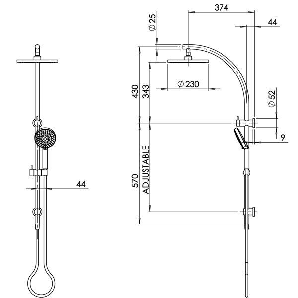 Phoenix Vivid Twin Shower-Chrome specs - line drawing and dimensions