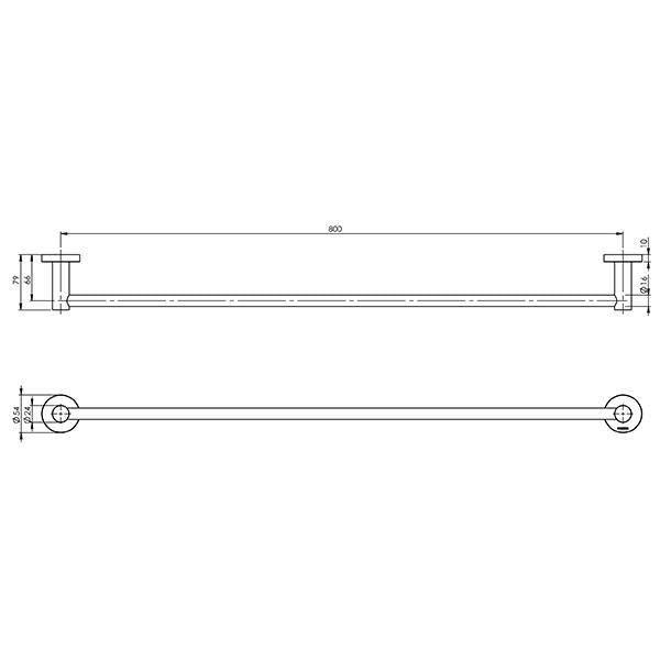 Phoenix Radii Single Towel Rail Round Plate 800mm Technical Drawing - The Blue Space