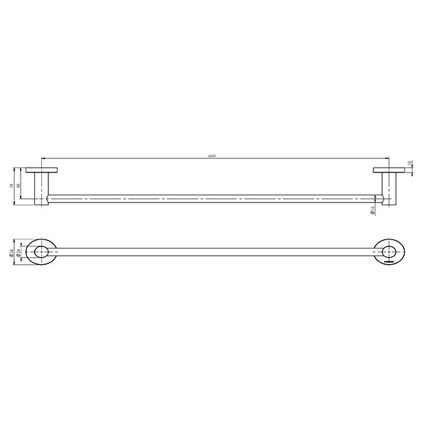 Phoenix Radii Single Towel Rail Round Plate 600mm Technical Drawing - The Blue Space