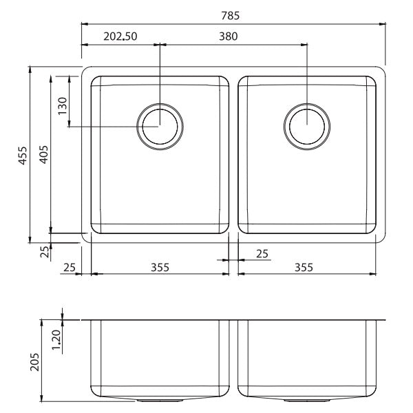 Technical Drawing - Oliveri Sonetto double bowl undermount sink NTH 