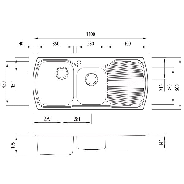 Oliveri Monet 1 & 3/4 bowl topmount sink drainer 1TH