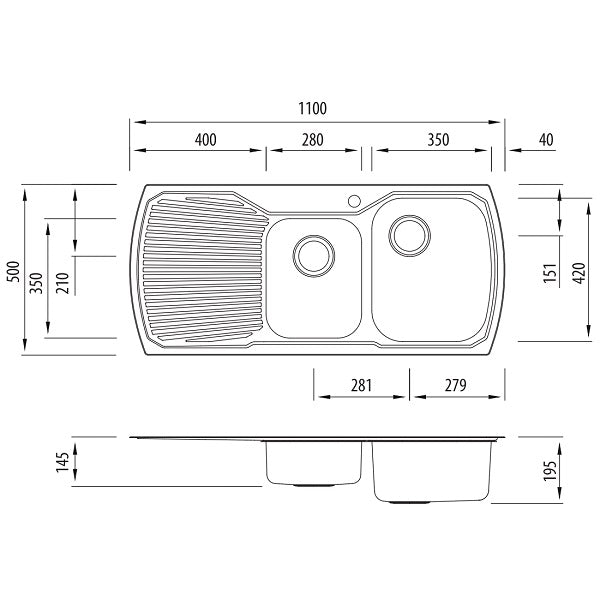 Oliveri Monet 1 & 3/4 bowl topmount sink drainer 1TH