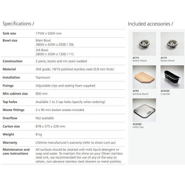 Oliveri Nu-Petite 1 & 3/4 bowl topmount sink 1TH