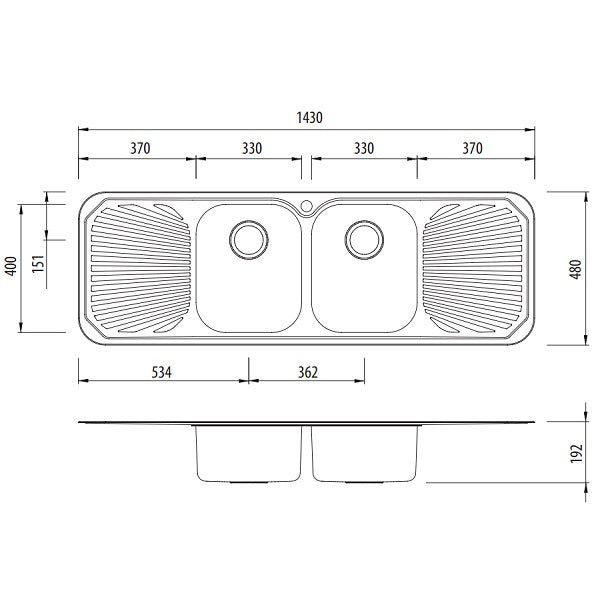Oliveri Petite double bowl topmount sink w dbl drainer 1TH