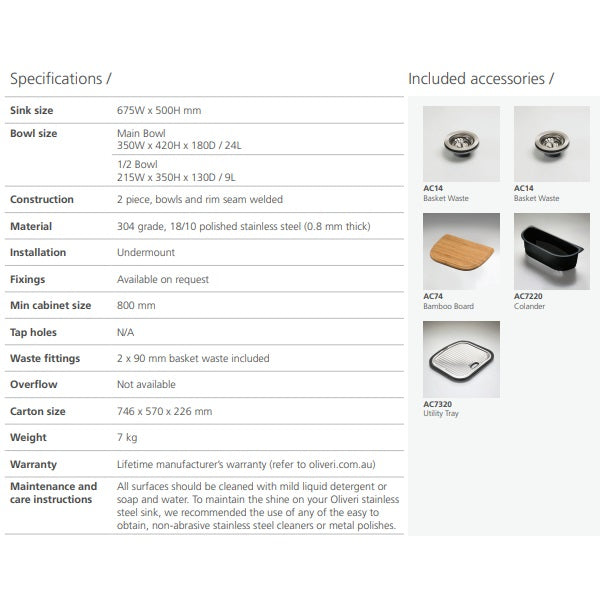 Oliveri Monet 1 & 1/2 bowl undermount sink