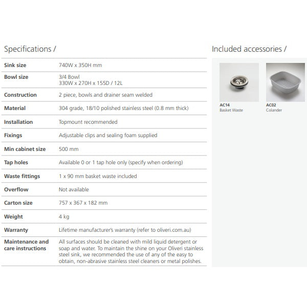 Oliveri Martini Sink Kitchen drainer bowl The Blue Space