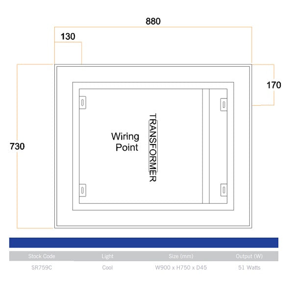 Technical Drawing: SR759C Thermogroup SR Range Premium LED Backlit Mirror (Cool Light)