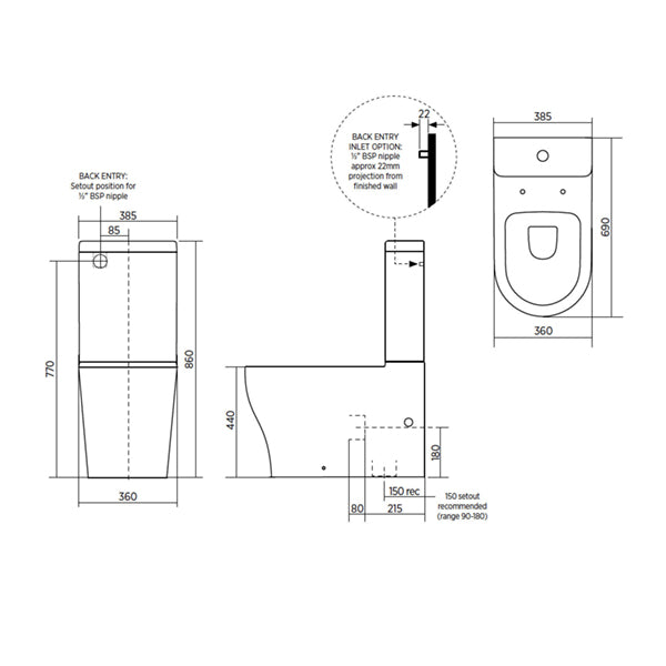 Seima Limni Clean Flush Wall Faced Toilet Suite with Classic Seat technical drawings