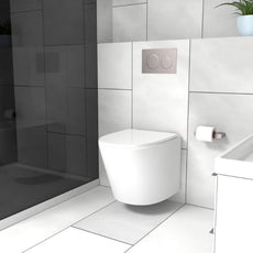 Seima Modia Rimless Wall Hung Toilet Suite with Geberit In-Wall Cistern and Slim Seat in modern bathroom design | The Blue Space