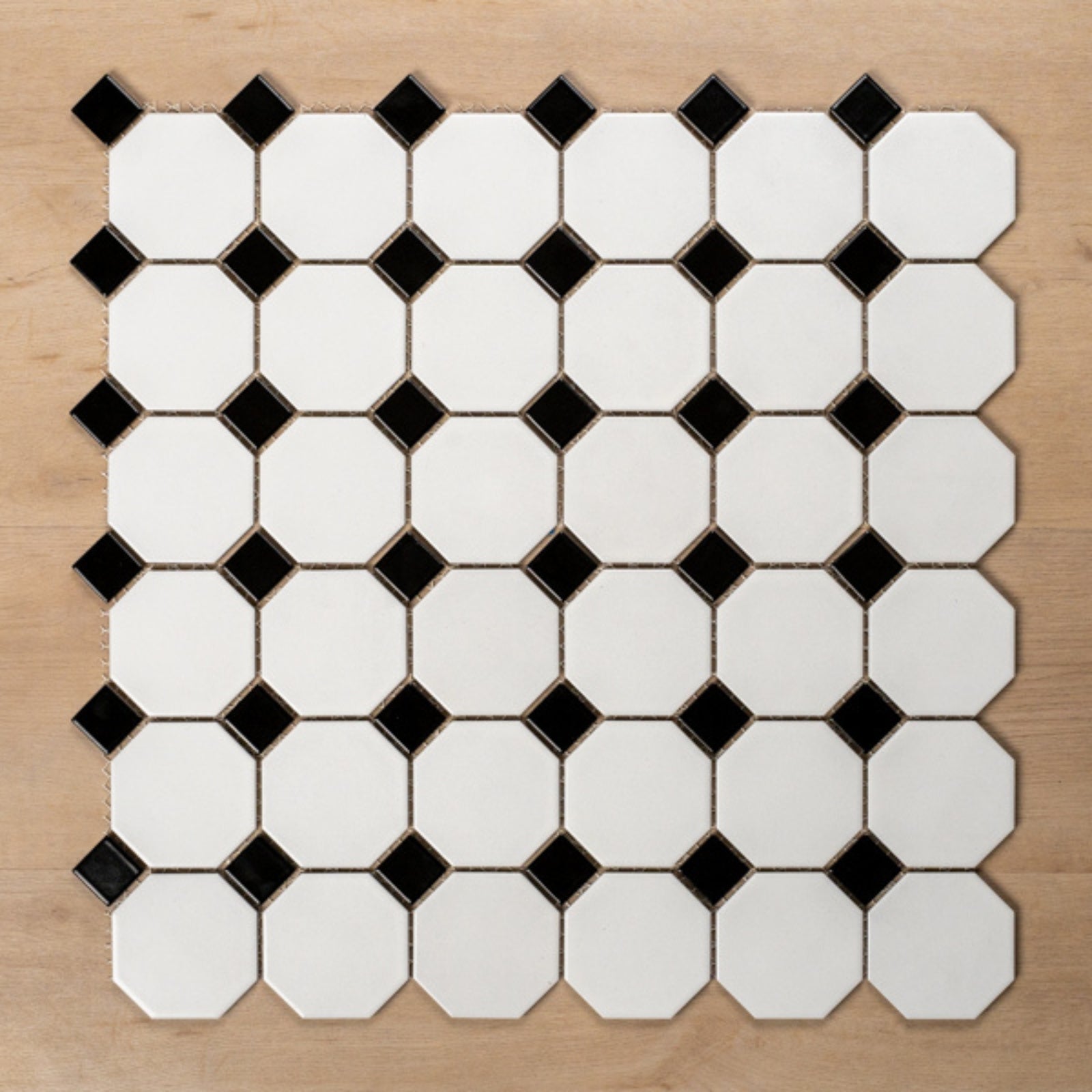 Faces St Kilda Matt White Octagon with Black Dot Porcelain Period Mosaic Tile 97x97mm XMW009 - The Blue Space