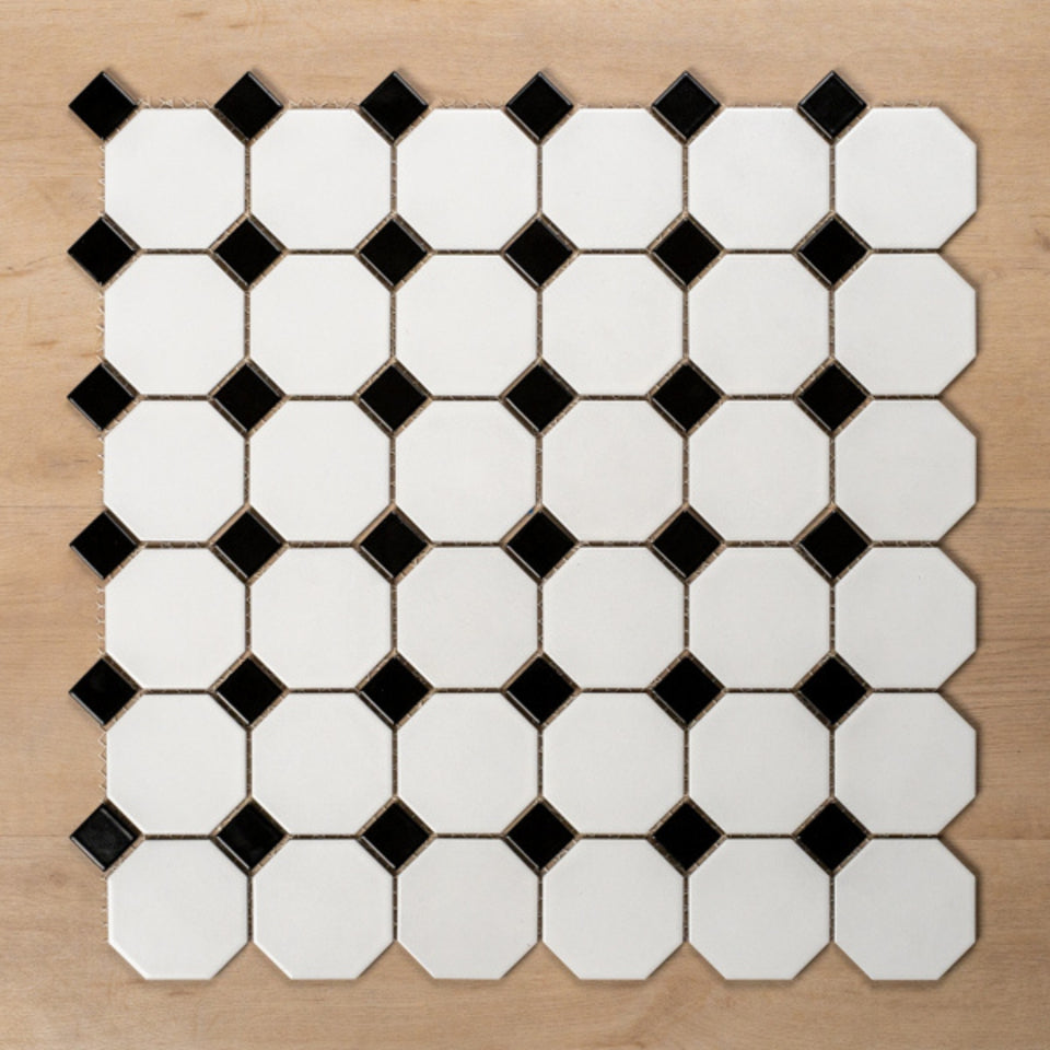 St Kilda Matt White Octagon with Black Dot Porcelain Period Mosaic Tile 97x97mm