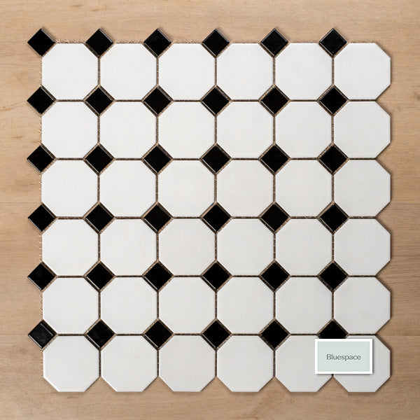 Pattern St Kilda Matt White Octagon with Black Dot Porcelain Period Mosaic Tile 97x97mm XMW009 - The Blue Space