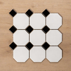 Single St Kilda Matt White Octagon with Black Dot Porcelain Period Mosaic Tile 97x97mm XMW009 - The Blue Space
