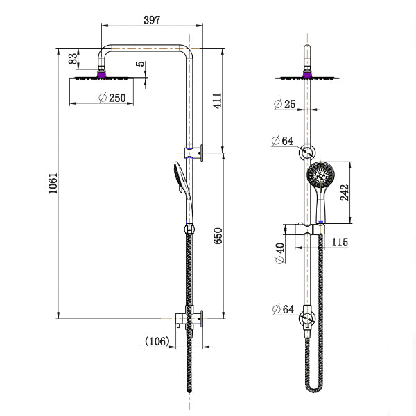 Technical Drawing - Fienza Stella Multifunction Twin Rail Shower