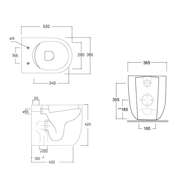 Technical Drawing - Studio Bagno Milady Rimless Wall Faced Toilet with Geberit Sigma In-Wall Cistern