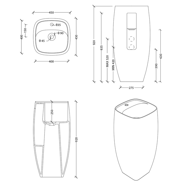 Technical Drawing - Studio Bagno Nur Column Basin with Tap Landing