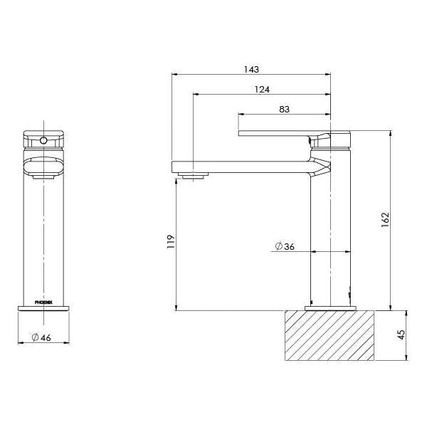 Phoenix Teel Basin Mixer - Gun Metal product line drawings