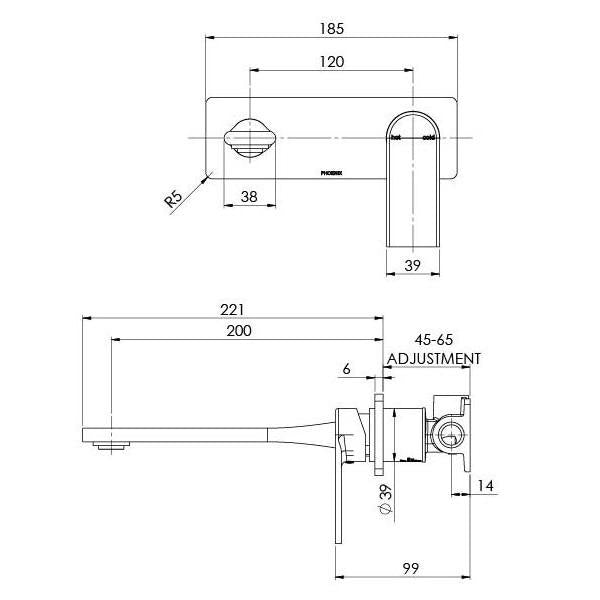 Phoenix Teel Wall Basin/Bath Mixer Set 200mm - line drawings