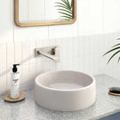 Phoenix Teel Wall Basin/Bath Mixer Set 200mm - Brushed Nickel online at The Blue Space with concrete basin and kit kat tiles