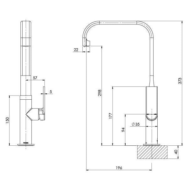 Phoenix Teel Sink Mixer 200mm Squareline - technical drawings