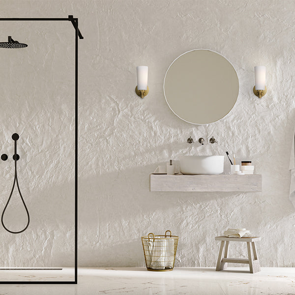 Telbix Delmar ES Wall Light Antique Gold in white textured bathroom design | The Blue Space