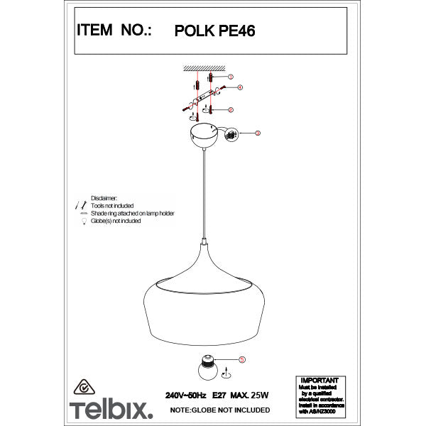 Telbix Polk ES 46cm Pendant - Technical Drawing- The Blue Space