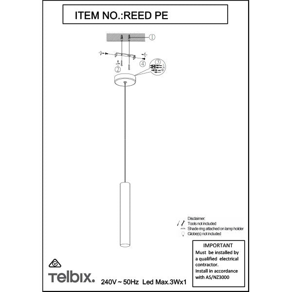 Telbix Reed 3W LED Pendant - Technical Drawing - The Blue Space