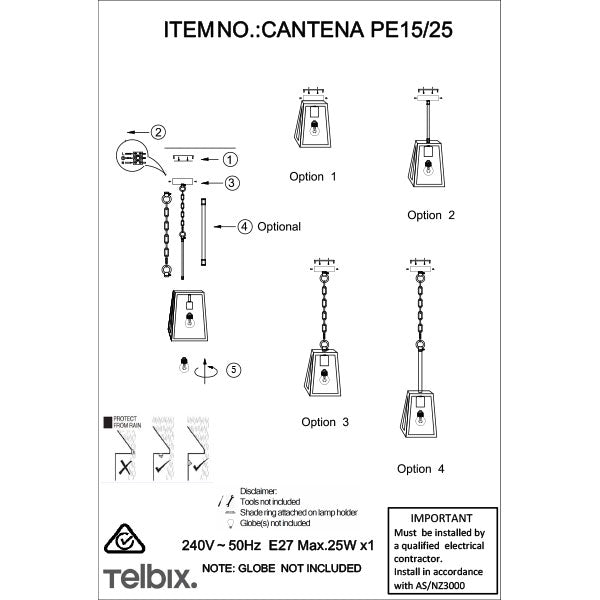 Telbix Cantena ES 15cm Pendant - Black | The Blue Space