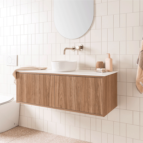 ADP Clifton Ensuite Vanity 1200mm in Prime Oak Woodmatt Thermolaminated V-Groove cabinet finish, 12mm Bright White Cherry Pie benchtop, and ADP Maggie above counter basin in gloss white, centre bowl, 0 Taphole - Online at The Blue Space