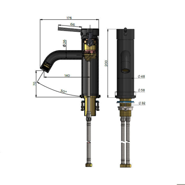 Meir Round Basin Mixer with Curved Spout Technical Drawing - Online at The Blue Space
