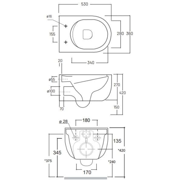 Studio Bagno Milady Wall Hung Toilet Suite Technical Drawing - The Blue Space