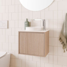 ADP Clifton Mini Wall Hung Vanity in Coastal Oak Finish with 1 taphole and gloss white basin- Online at The Blue Space