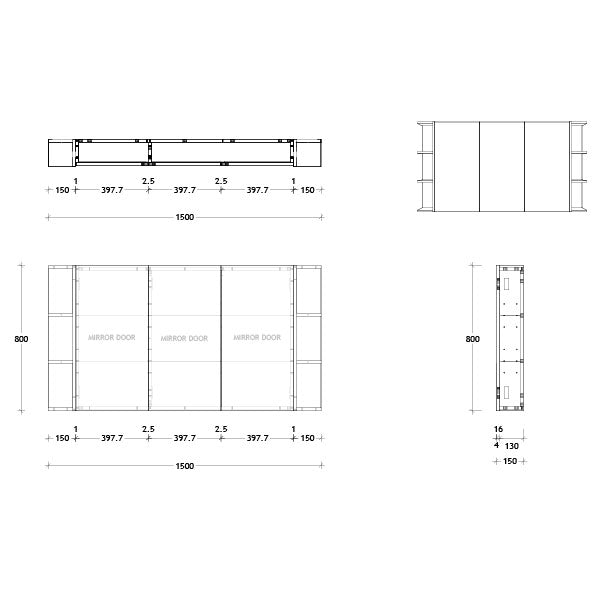 ADP Glacier Lite Double Shelf Shaving Cabinet 1500mm Standard Hinging Technical Drawing - Online at The Blue Space