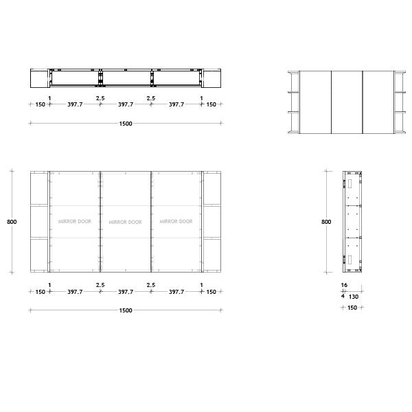 ADP Glacier Lite Double Shelf Shaving Cabinet 1500mm Surround View Hinged Technical Drawing - Online at The Blue Space