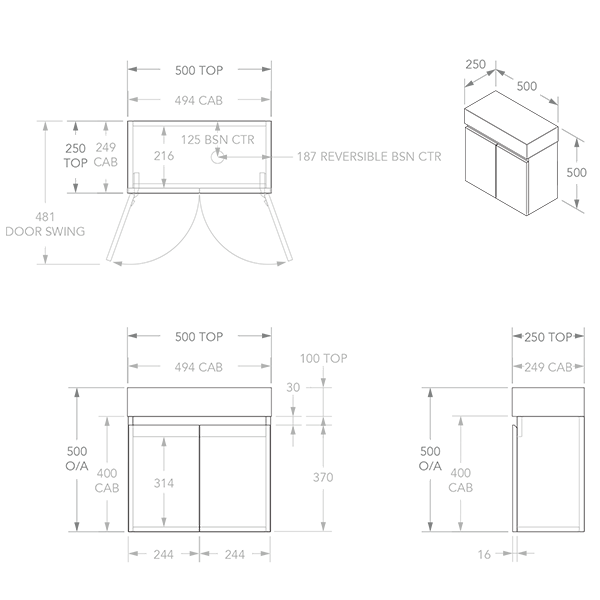 ADP Lily Wall Hung Vanity Technical Drawing - The Blue Space 