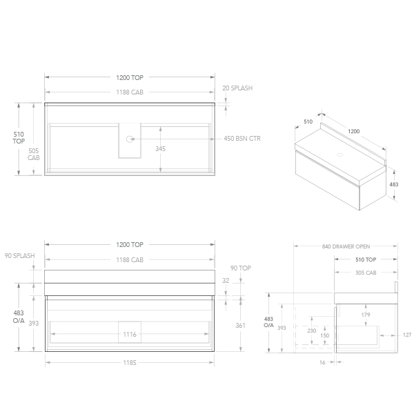 ADP Mayfair All-Drawer Wall Hung Vanity 1200mm Technical Drawing - The Blue Space