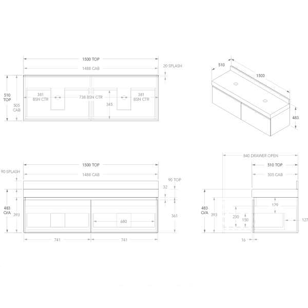 ADP Mayfair All-Drawer Wall Hung Vanity 1500mm Technical Drawing - The Blue Space