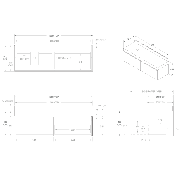 ADP Mayfair All-Drawer Wall Hung Vanity 1500mm Technical Drawing - The Blue Space