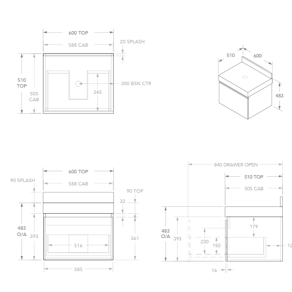 ADP Mayfair All-Drawer Wall Hung Vanity 600mm Technical Drawing - The Blue Space