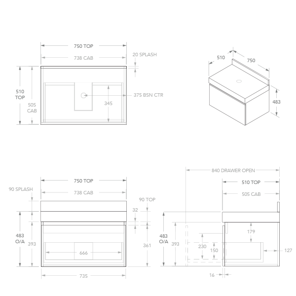 ADP Mayfair All-Drawer Wall Hung Vanity 750mm Technical Drawing - The Blue Space