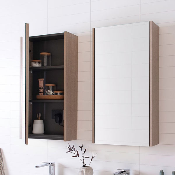 ADP Muse Mirrored Cabinet x 2 Coastal Oak Woodmatt textured cabinet finish.- The Blue Space