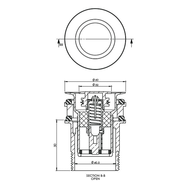 ART Australia Basin Pop Down Universal Plug and Waste 32/40mm Technical Drawing - The Blue Space